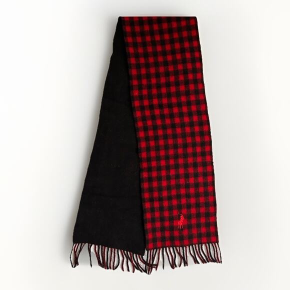 Polo Ralph Lauren Wool Scarf Red Black Plaid Fringe 9x64” Embroidered Reversible - Picture 1 of 5